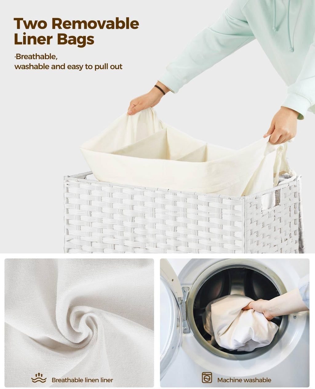 Greenstell Laundry Hamper with Wheels&Lid,130L Large 3 Sections Clothes Hamper with 2 Types Removable Liner Bags, 5 Mesh Laundry Bags, Handwoven Divided Laundry Basket White