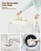 Greenstell Laundry Hamper with Wheels&Lid,130L Large 3 Sections Clothes Hamper with 2 Types Removable Liner Bags, 5 Mesh Laundry Bags, Handwoven Divided Laundry Basket White