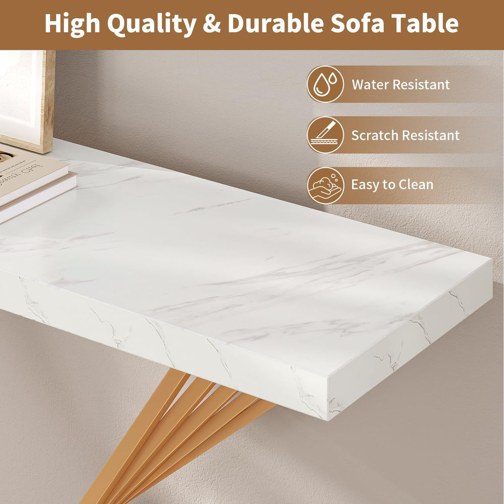 UNIQUITE 39.4 Inch Gold Console Table, White Faux Marble Modern Entryway Tabl...