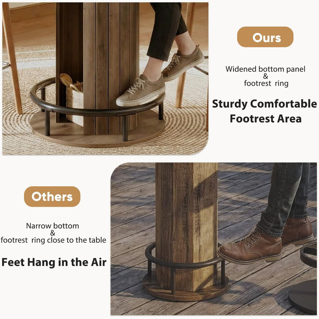 HSH 39.37" H Round Bar Table with Storage and Metal Ring Footrest, Rustic | Modern Bar Height Pub Table With 2 Tier Storage, Space-Saving Design, For Kitchen, Coffee Bars And Small Spaces, Table Only