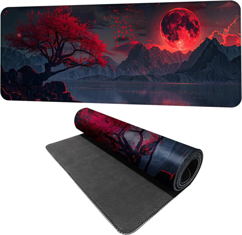 Red Moon Mouse Pad XXL – Large Gaming Desk Mat with Dark Mountain Landscape & Sakura Tree, Extended Mousepad with Non-Slip Base for Office, Gamer Setup,31.5 x 11.8 in