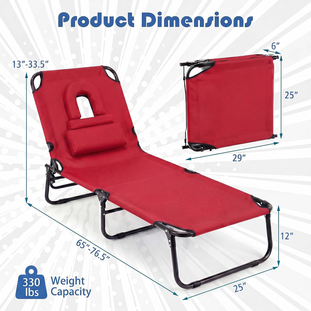 Goplus Tanning Chair, Folding Beach Lounge Chair with Face Hole, Removable Pi...