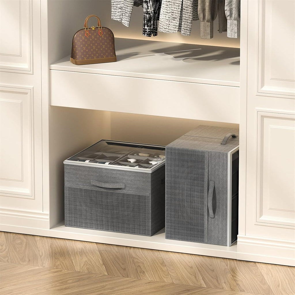 Aokeyee Shoe Organizer for Closet,2 Pack Foldable Shoe Storage Organizer Box Bin with Adjustable Dividers and Clear Cover, Fits up to 16-32 Pairs