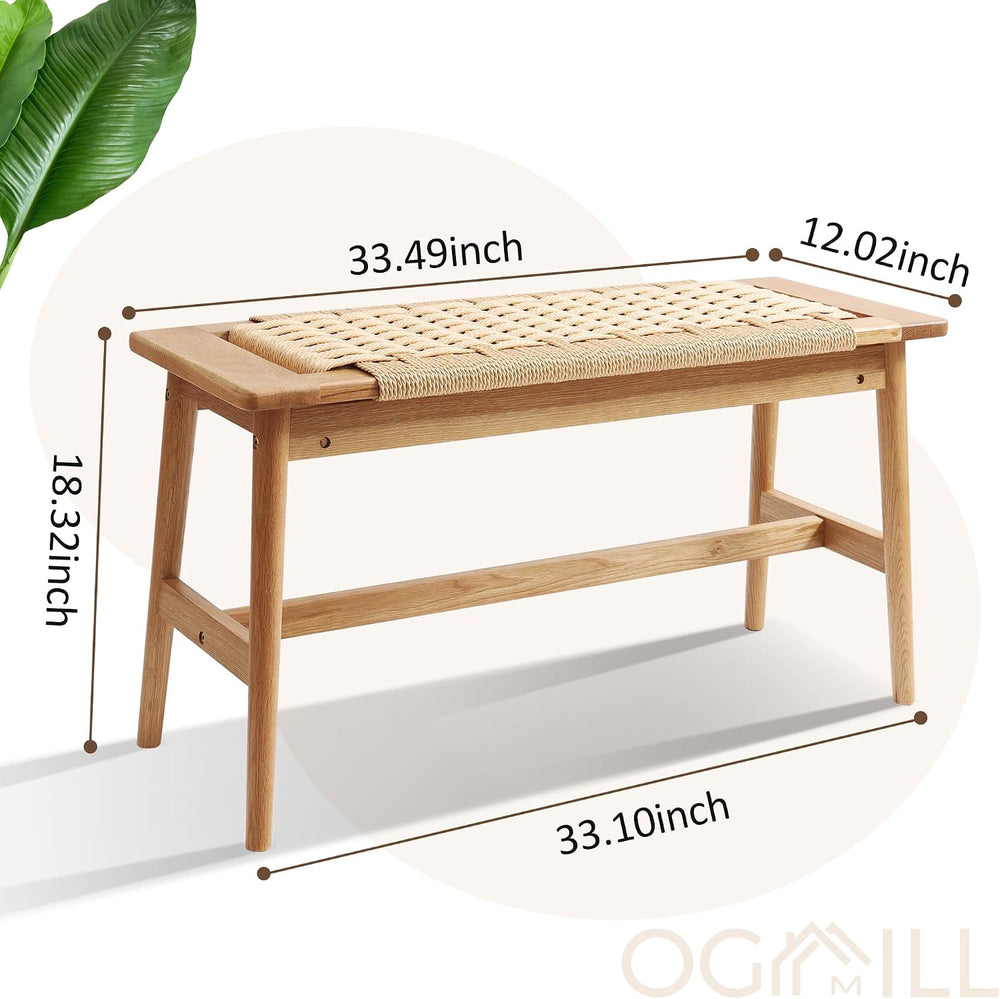 OGMILL 33.5" L Wood Dining Bench Indoor, 100% Natural Solid Oak Bed Benc...
