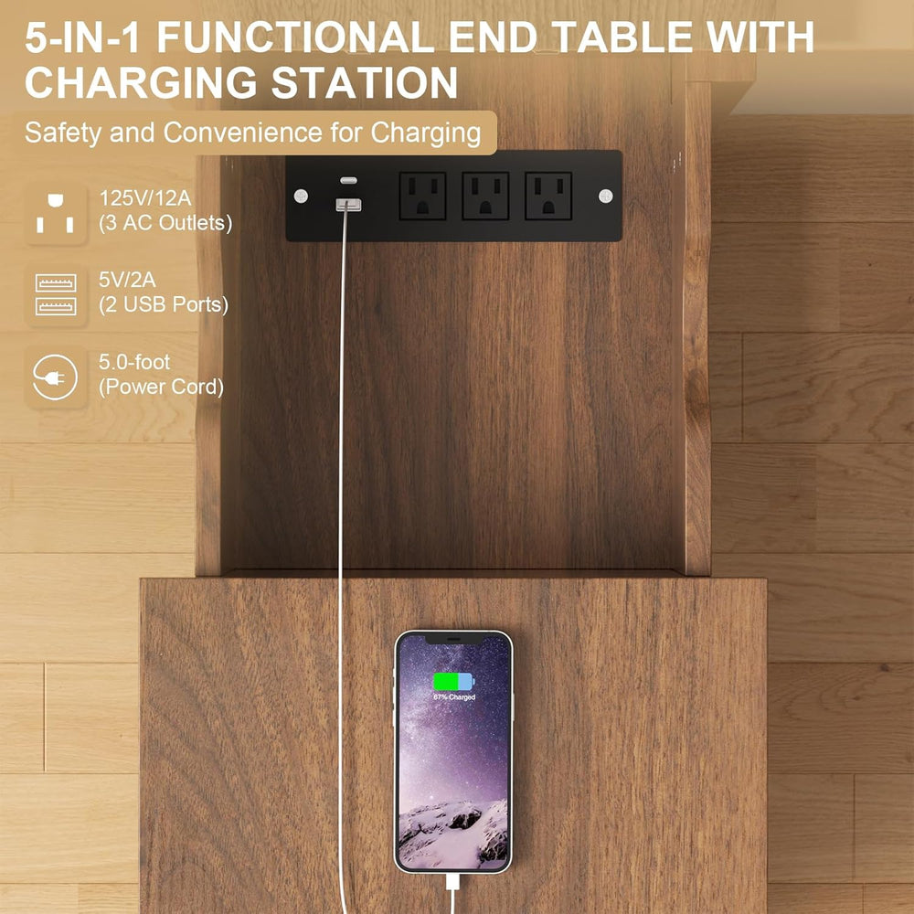End Table with Charging Station 24'' Nightstand with Charging Station...