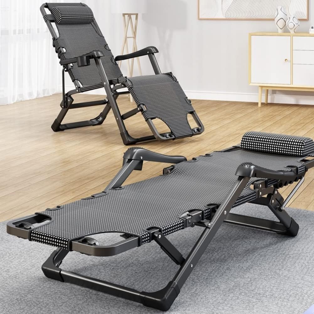 Lounge Chair Outdoor Chaise 2 in 1 Folding Cot 5 Position Reclining Patio Adjustable Patio Lawn Recliner Indoor(A)