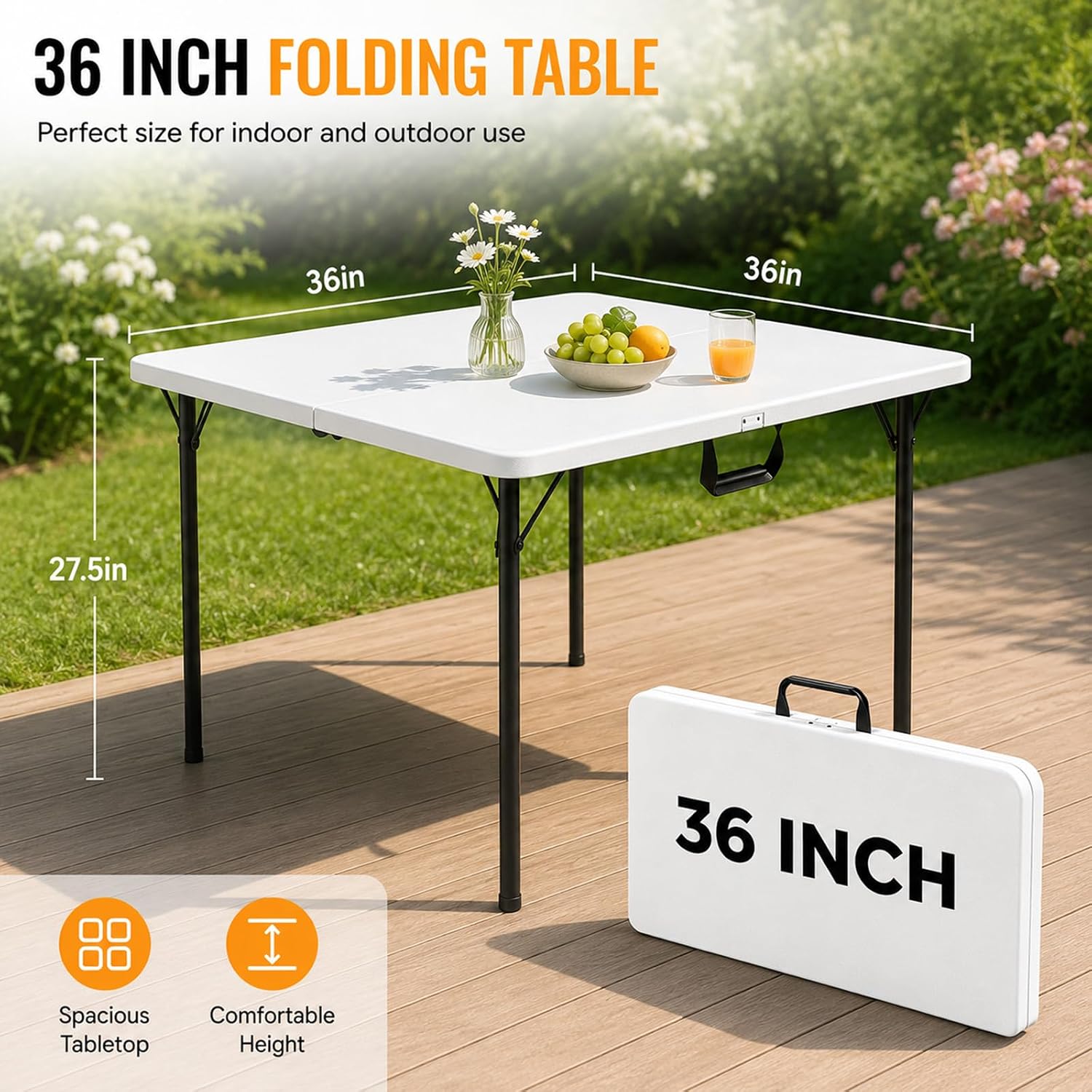 36" Folding Square Table, Portable Card Table with Built-in Handle, Compact Foldable Camping Picnic Table No Assembly, Easy Carry for BBQ, Party, Indoor Outdoor Use