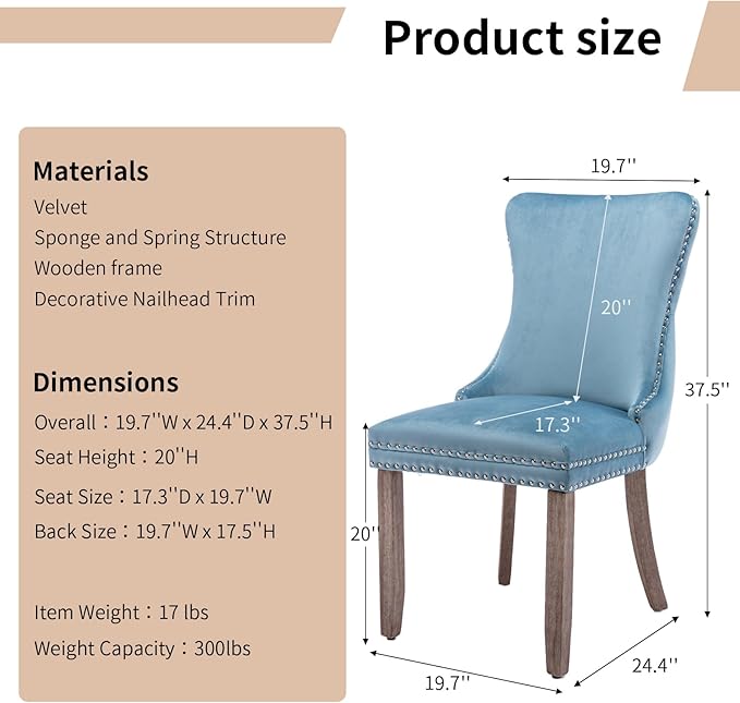 Modern Dining Chairs Set of 4, Upholstered Dining Chair with Full Back and Button Tufting, Blue Velvet Accent Chair, Sillas de Comedor, 4 Dining Chairs (Light Blue, Velvet, 4Pcs)