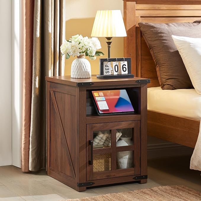 Farmhouse Nightstand with Charging Station, Rustic End Table with Tempered Glass Barn Door, Wood Sofa Side Bedside Table with Open Storage Shelf for Living Room, Bedroom, Brown