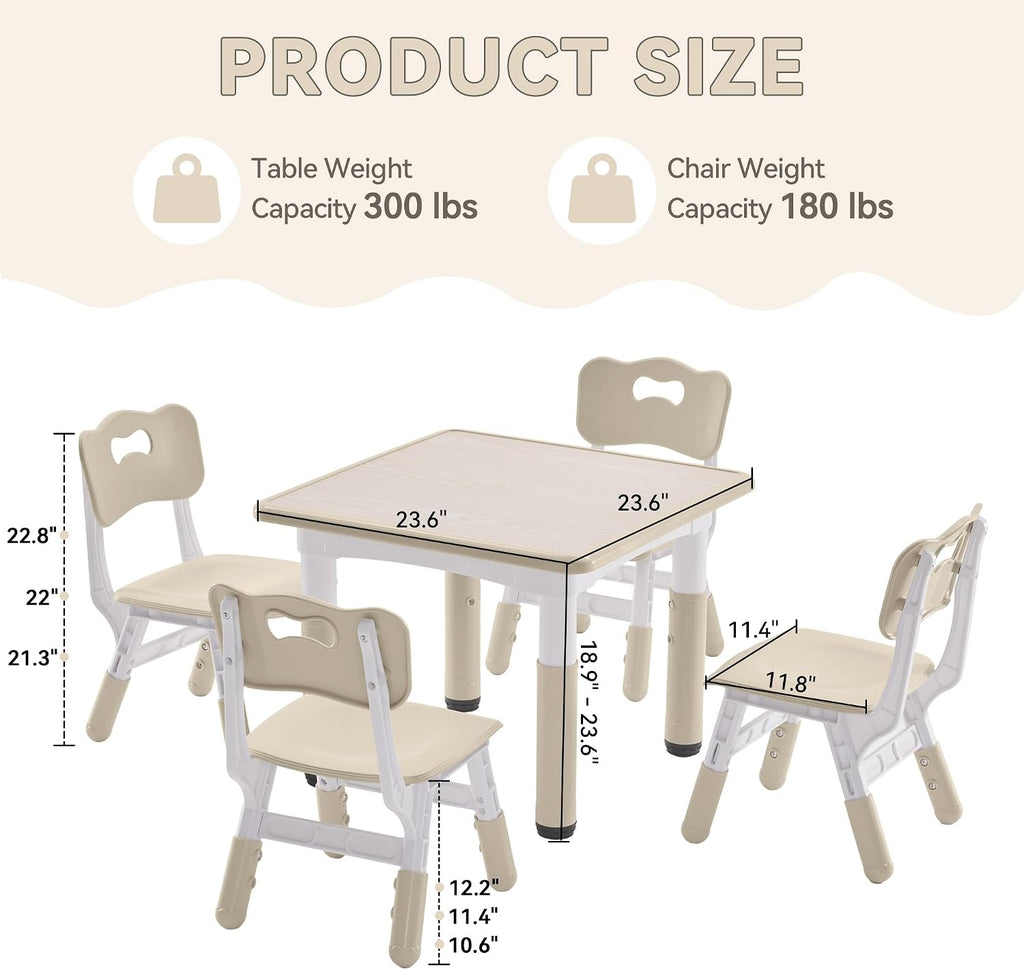 GITAWUSA Kids Study Table and Chairs Set, Height Adjustable Toddler Table and Chair Set for Kids Ages 3-8, 23.6" L x 23.6" W Graffiti Desktop Plastic Children Art Table with 4 Seats, Burlywood