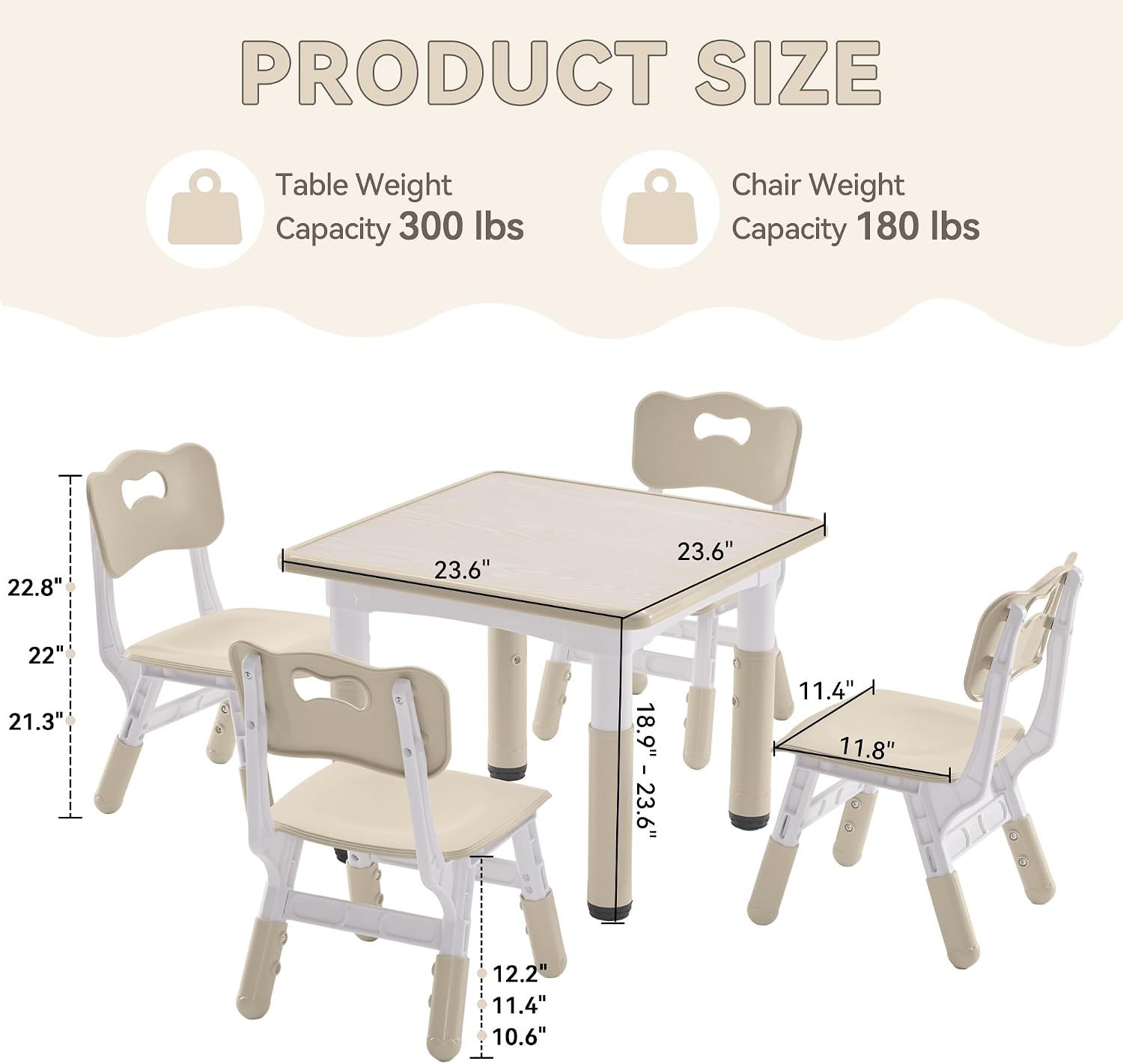 GITAWUSA Kids Study Table and Chairs Set, Height Adjustable Toddler Table and Chair Set for Kids Ages 3-8, 23.6" L x 23.6" W Graffiti Desktop Plastic Children Art Table with 4 Seats, Burlywood