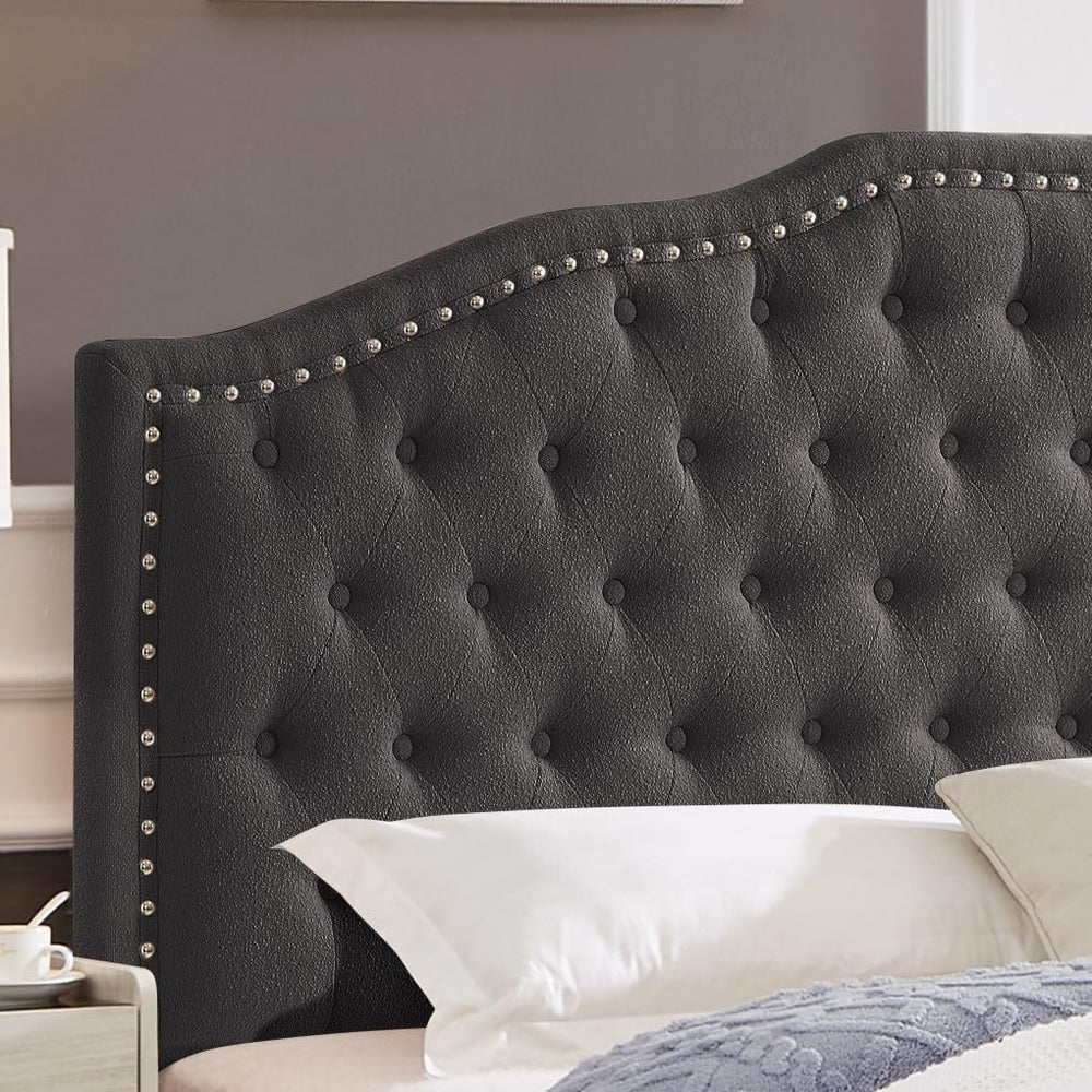 24KF Upholstered Button Tufted Queen Headboard with Nailhead Trim, Elegant Bo...