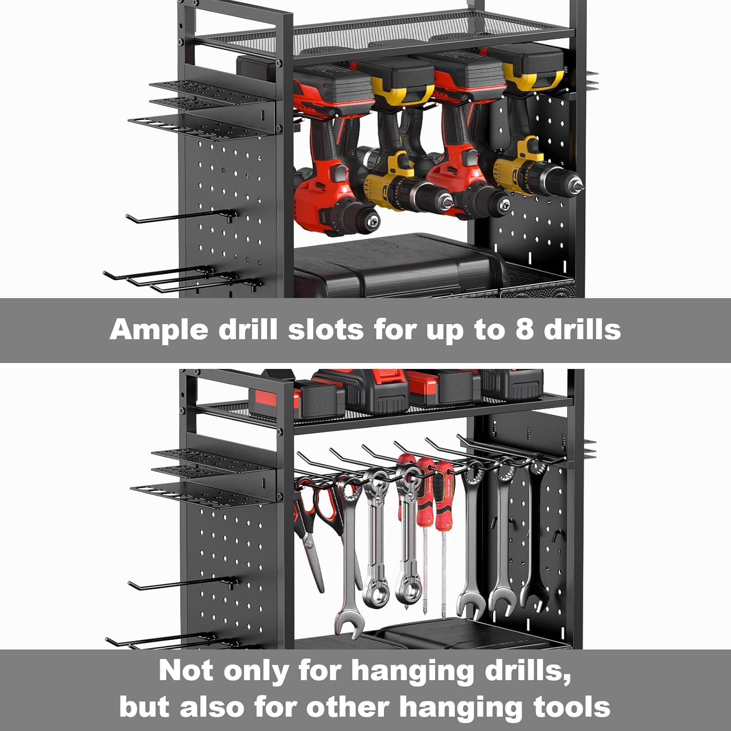 CCCEI Garage Power Tools Organizer Cart with Charging Station, Black Floor Standing Rolling Drill and Tools Battery Storage Cart on Wheels. Black Utility Rack Gift for Men, Husband, Father.