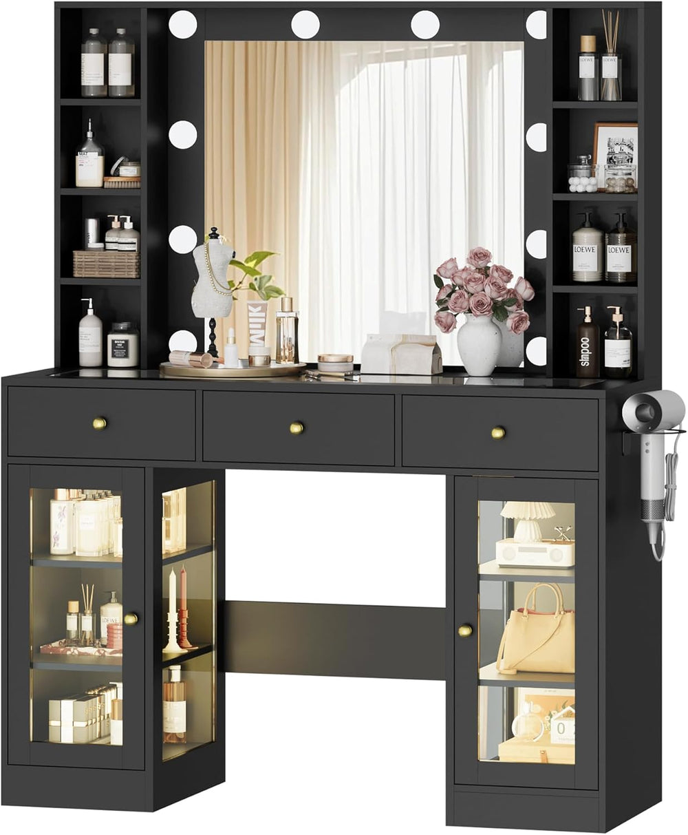 Wodeer Makeup Vanity Desk with Mirror and Lights, Black Vanity with Glass Top...