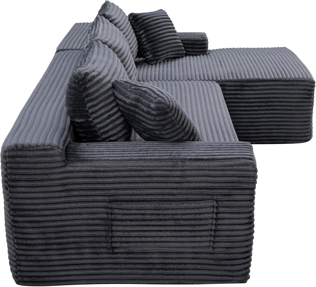 Grey Oversized Sectional Boneless Couch for Living Room. Right Face Chaise | L shaped modular sofa, Cloud soft cushion with foam, Breathable pet-friendly, Side storage pocket, No assembly required.