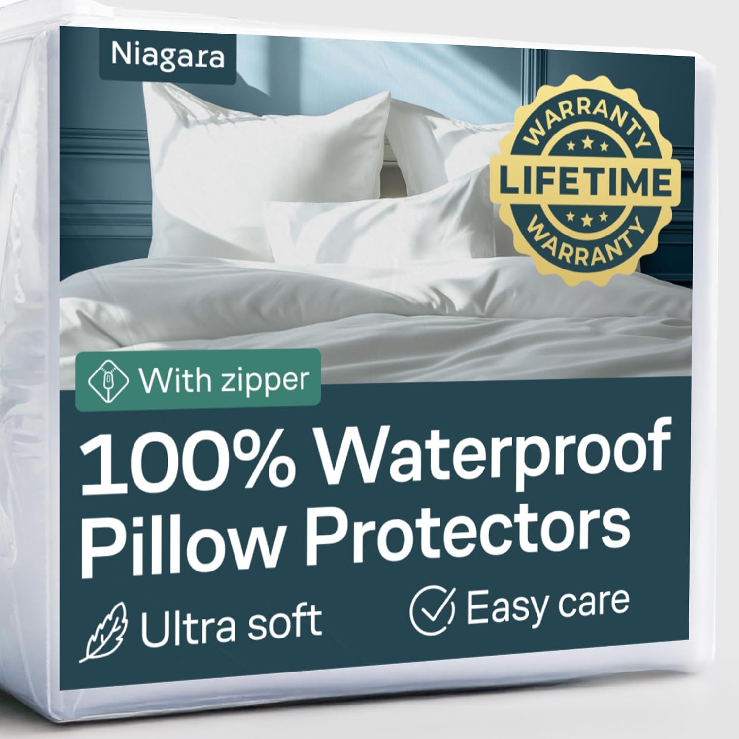 Niagara 12 Pack Waterproof Pillow Protectors Standard 20x26 Inches Smooth Zipper Premium Encasement Covers Quiet Cases Set White