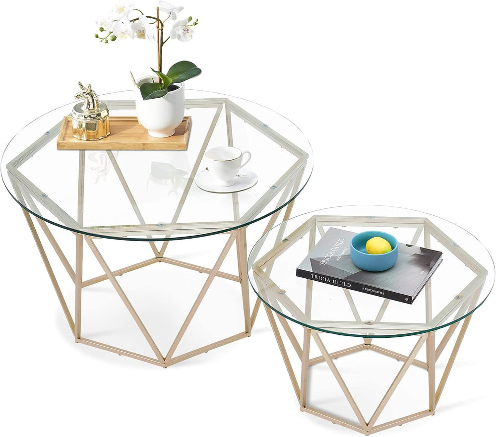 ivinta Round Nesting Coffee Table Set of 2, Modern Coffee Tables with Tempere...