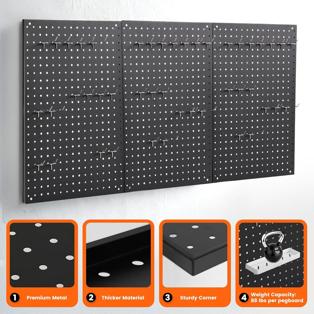 Pegboard, 3 PCS 24"×16" Metal Peg Board Panels Black Modular Wall Organizer Kit with 30 Hooks, Dual-Size Hole Design for Home Tool Storage, Garage Organization, Kitchen, Office, Craft Room
