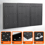 Pegboard, 3 PCS 24"×16" Metal Peg Board Panels Black Modular Wall Organizer Kit with 30 Hooks, Dual-Size Hole Design for Home Tool Storage, Garage Organization, Kitchen, Office, Craft Room