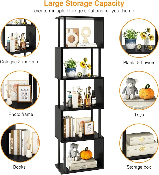 IBUYKE 6-Tier Tall Bookshelf,S-Shaped Geometric Bookcase, Wood Display Shelve...