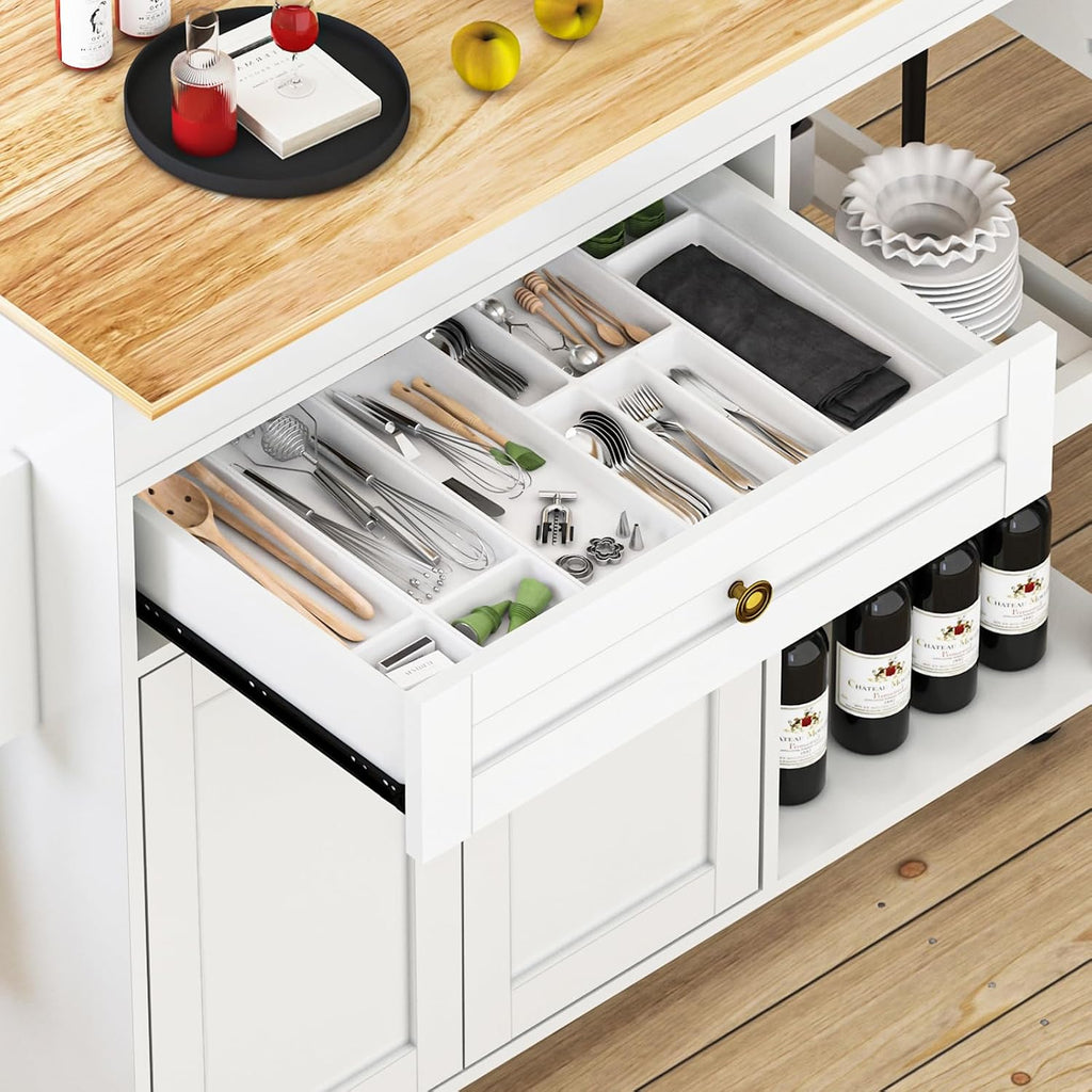 JassmiPkwy 78'' Rolling Kitchen Island with Extendable Dining Table for 4, Kitchen Islands on Wheels w/Pull Out Table, Drawer, 2-Tier Storage Shelf, Hooks, White