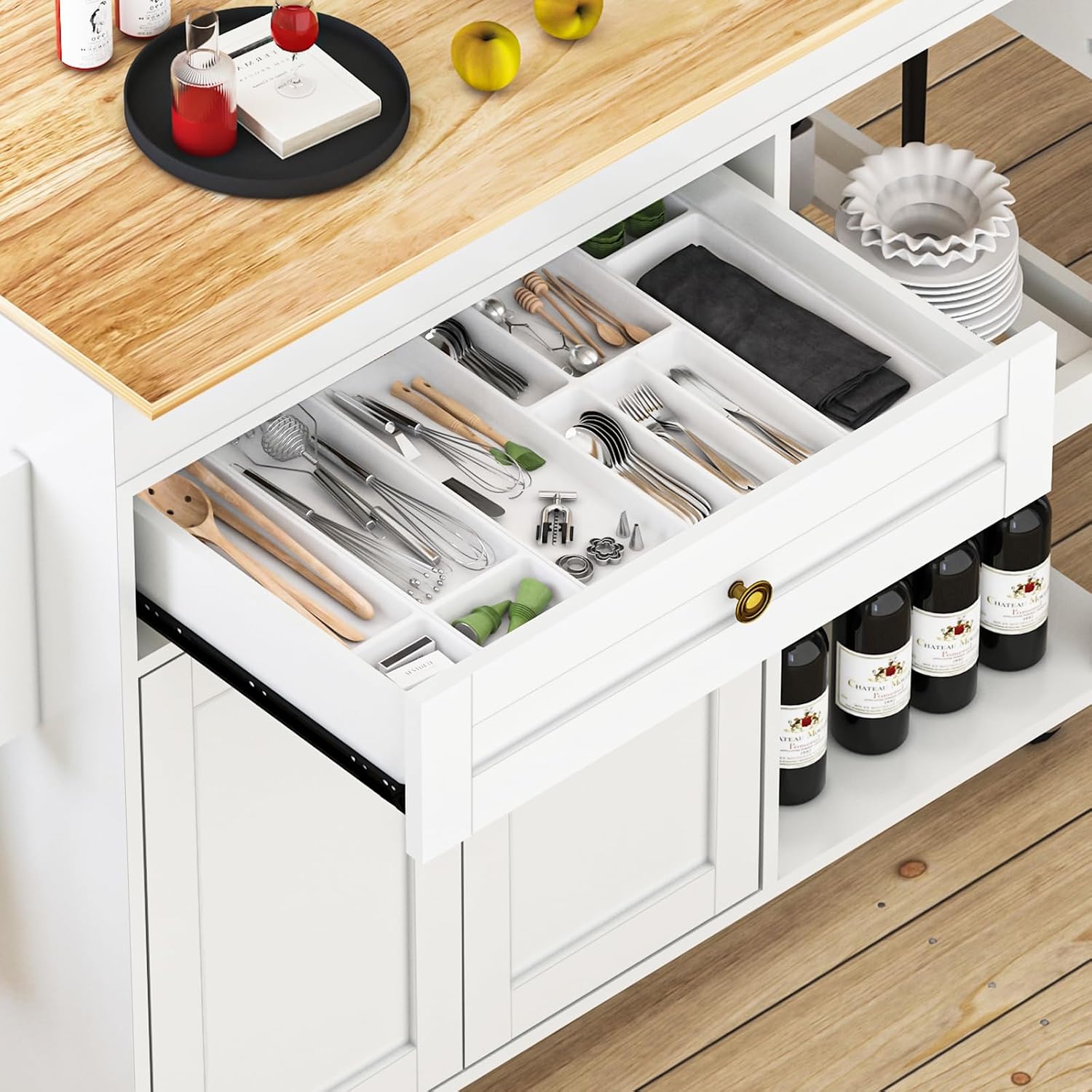 JassmiPkwy 78'' Rolling Kitchen Island with Extendable Dining Table for 4, Kitchen Islands on Wheels w/Pull Out Table, Drawer, 2-Tier Storage Shelf, Hooks, White