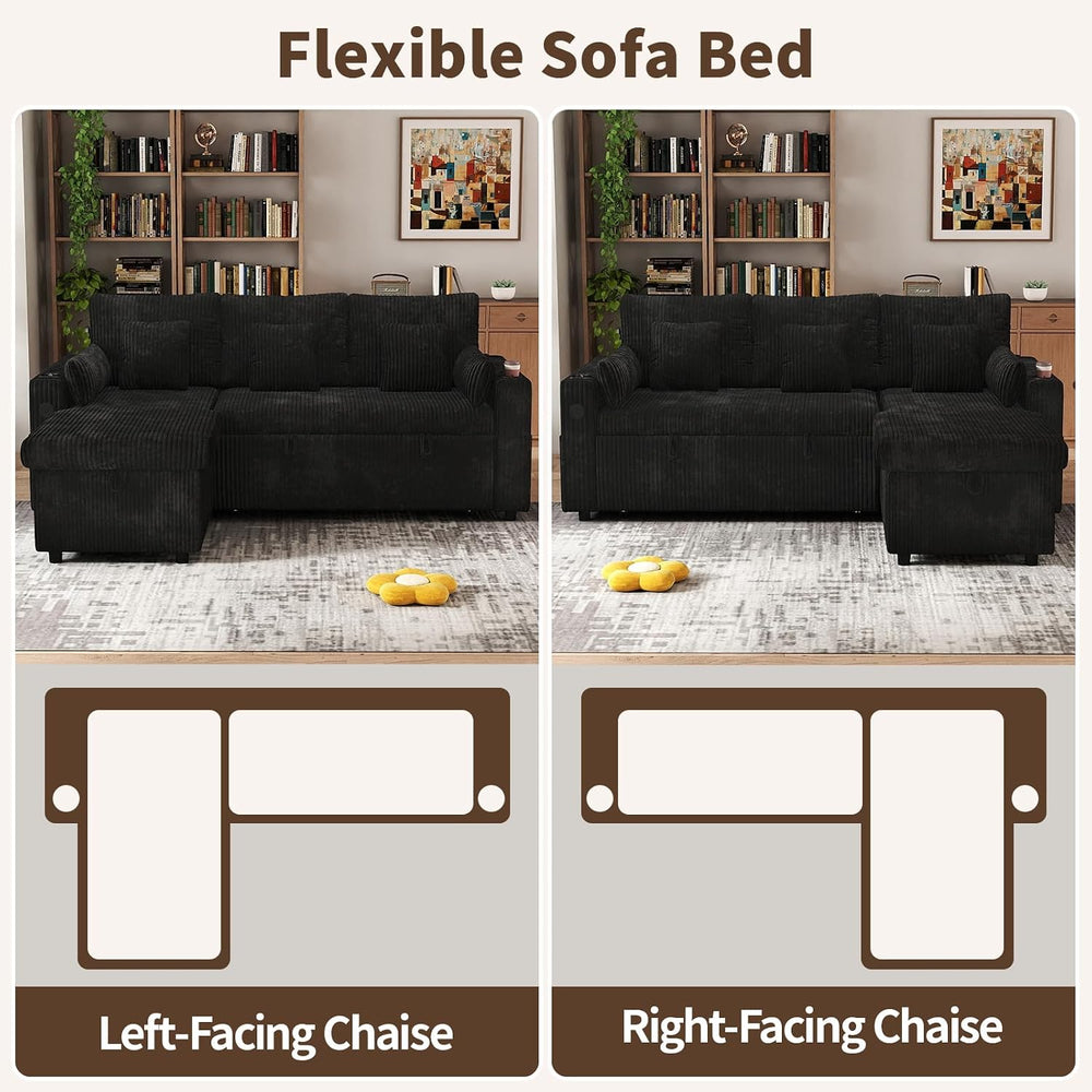 3 in 1 Pull Out Couch, Corduroy L Shaped Couch Sleeper Sofa Bed, Black | Reve...