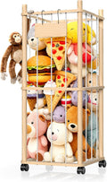 Stuffed Animal Storage & Holder, Natural Pine Wood Plushies Storage with Wheels, Large Capacity Stuffed Animal Zoo with Elastic Cord, Space Save Toy Organizer for Playroom Bedroom & Toddler Room