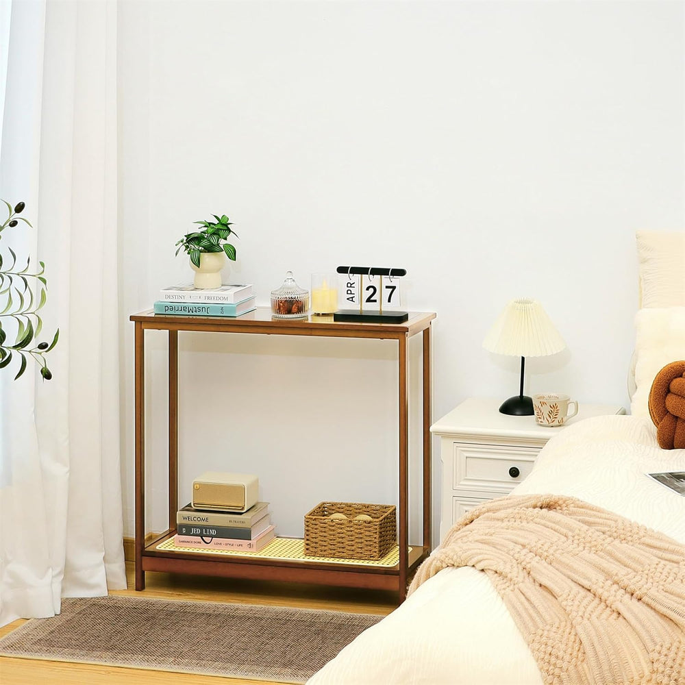 Bamboo Narrow Console Table, 31.5"(L) Wood Small Entryway Table with Rat...