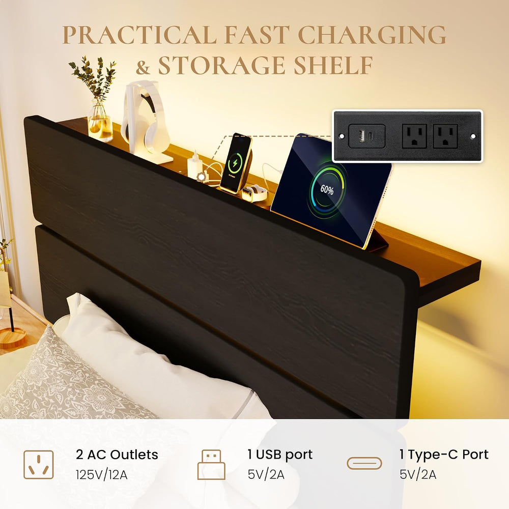 SHA CERLIN Twin Size Bed Frame, Led Light, Charging Station, Storage Shelf