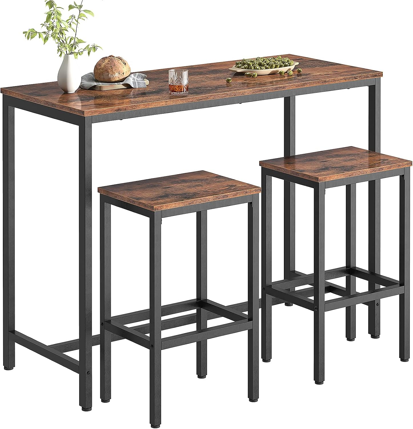 HOOBRO Bar Table and Chairs Set, 47.2” Rectangular Pub Table with 2 Stools for Small Space, 3-Piece Breakfast stools Set, Sturdy Metal Frame, Easy to Assemble, Rustic Brown BF52BT01