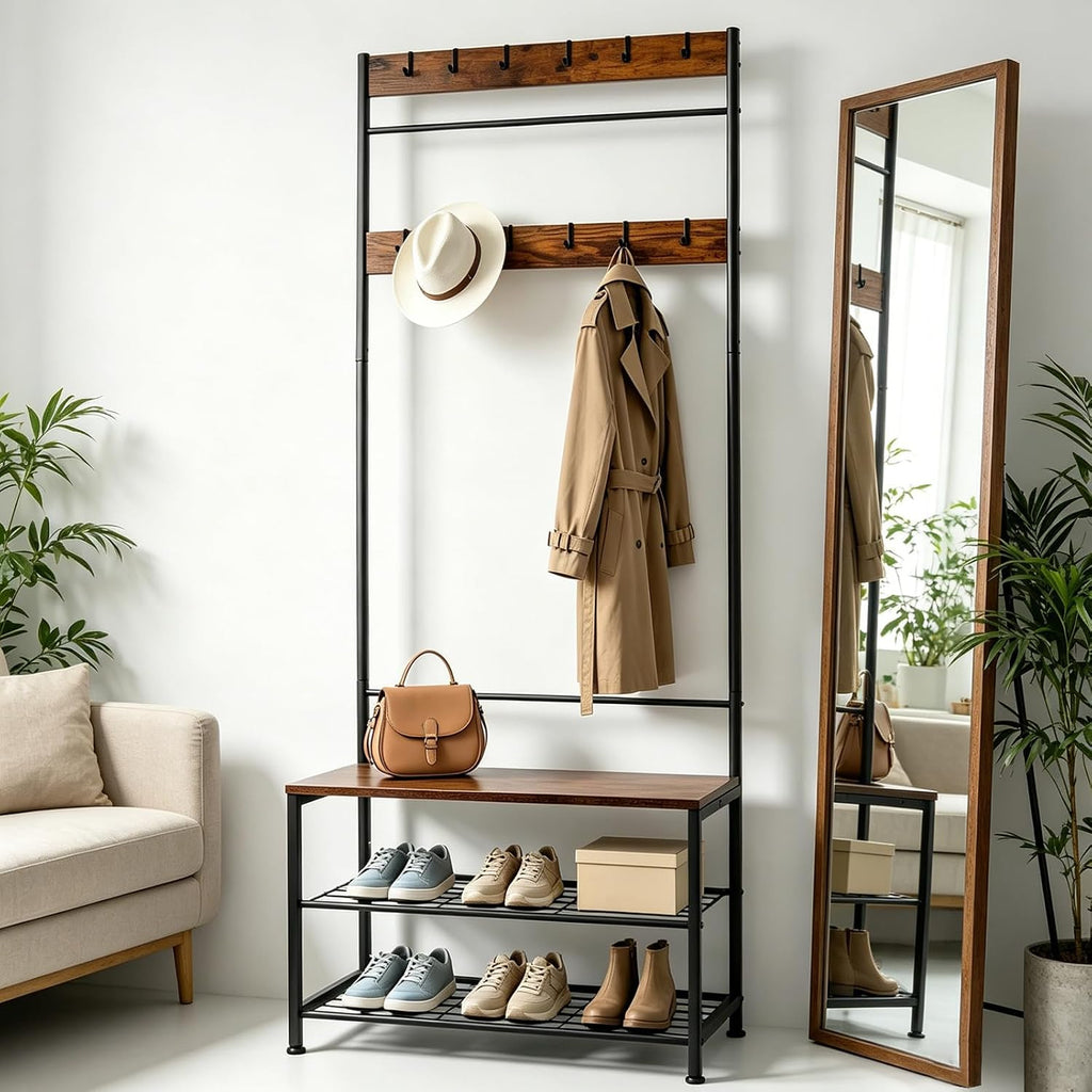Hall Tree Coat Rack with Bench and Shoe Storage, 3-in-1 Entryway Organizer with Top Hook Rail, Wooden Seat and 2-Tier Shoe Rack, Freestanding Coat Rack for Hallway, Bedroom, and doorway
