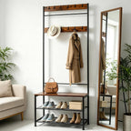 Hall Tree Coat Rack with Bench and Shoe Storage, 3-in-1 Entryway Organizer with Top Hook Rail, Wooden Seat and 2-Tier Shoe Rack, Freestanding Coat Rack for Hallway, Bedroom, and doorway