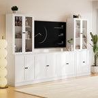 TUSY 71" TV Stand Storage Set - 2 Tall Bookcases & 2 Side Cabinets, Media Console with Glass & Wood Doors, Entertainment Center with Drawers, Tall Media Console for Living Room (White, ACCA)