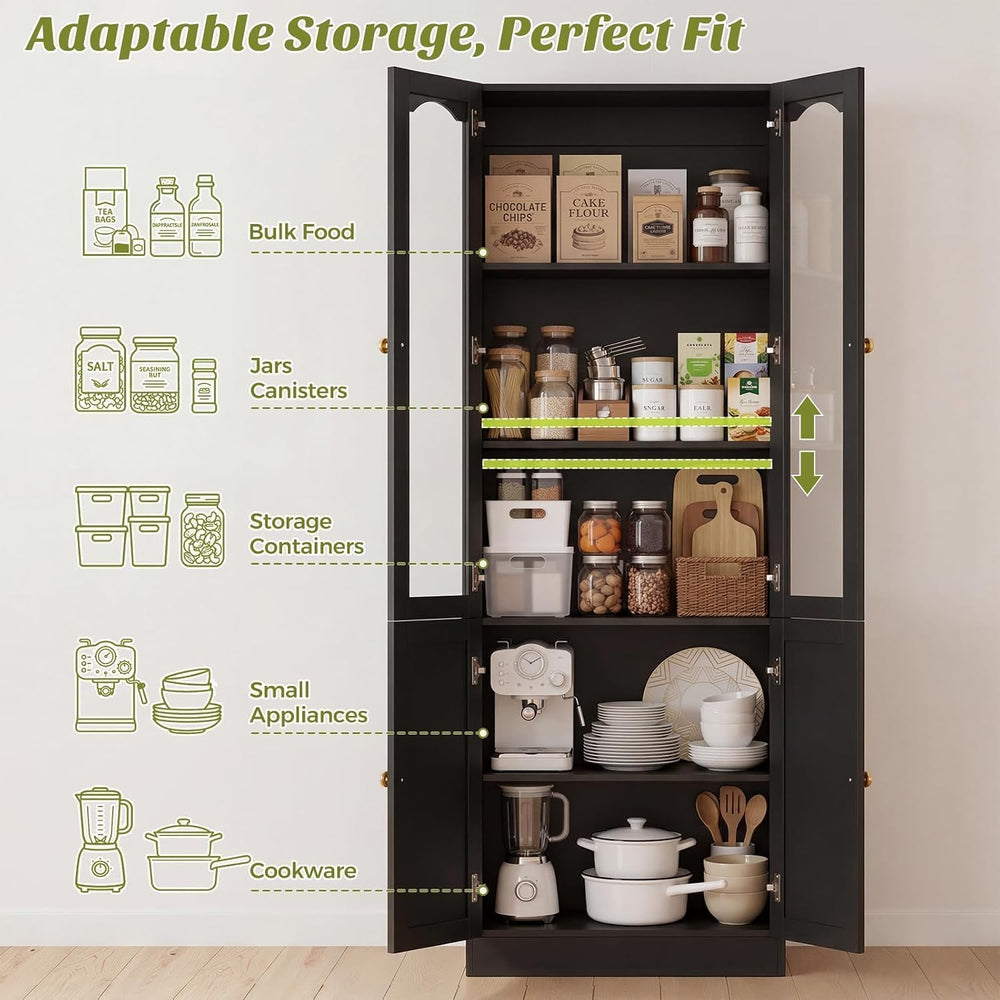 Cyclysio 80" Tall Pantry Cabinet with 8 Doors, Black Kitchen Pantry Stor...
