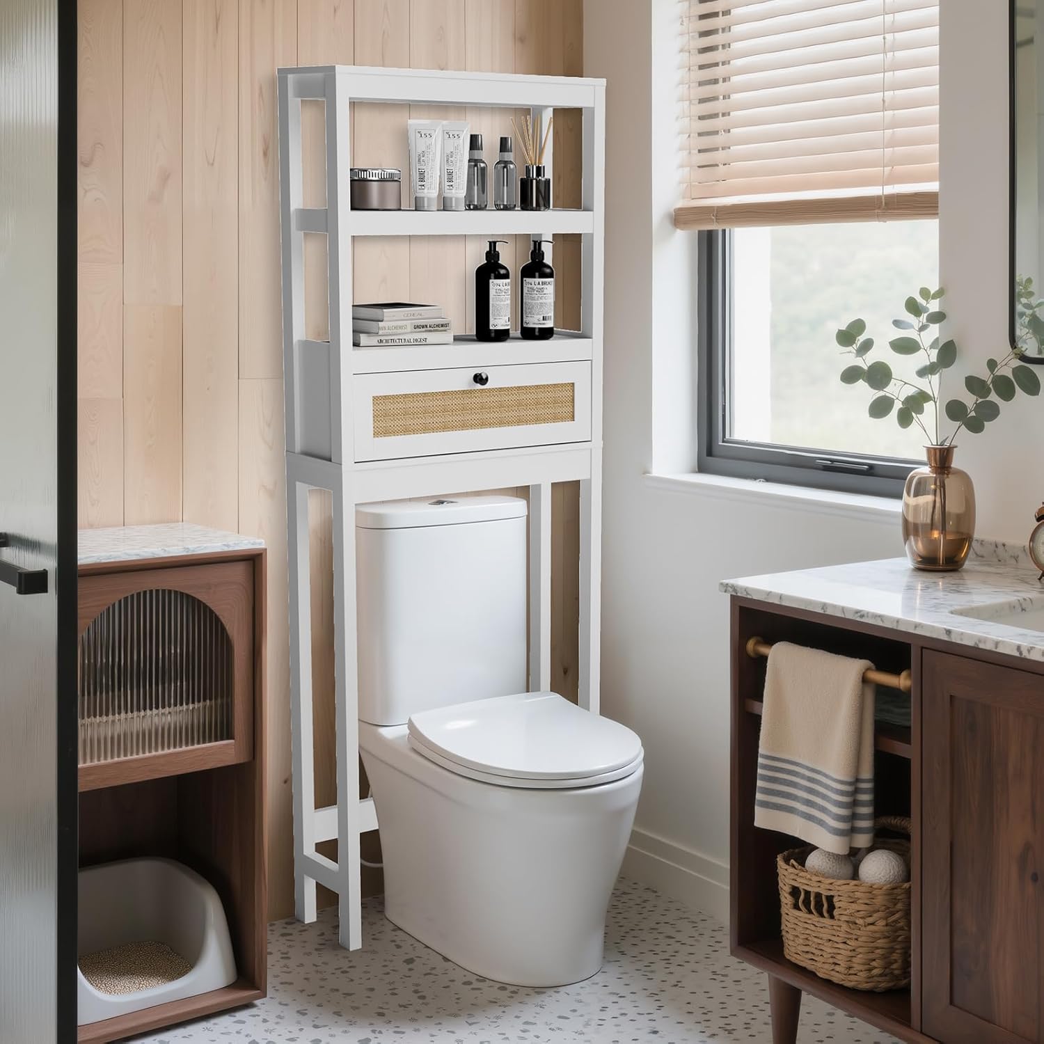 Over The Toilet Storage Cabinet, 3-Tier Bathroom Organizer with Rattan Door, Wooden Space Saver for Restroom, Bathroom, Laundry