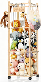 Stuffed Animal Storage & Holder, Natural Pine Wood Plushies Storage with Wheels, Large Capacity Stuffed Animal Zoo with Building Block Bag, Space Save Toy Organizer for Nursery Playroom & Bedroom