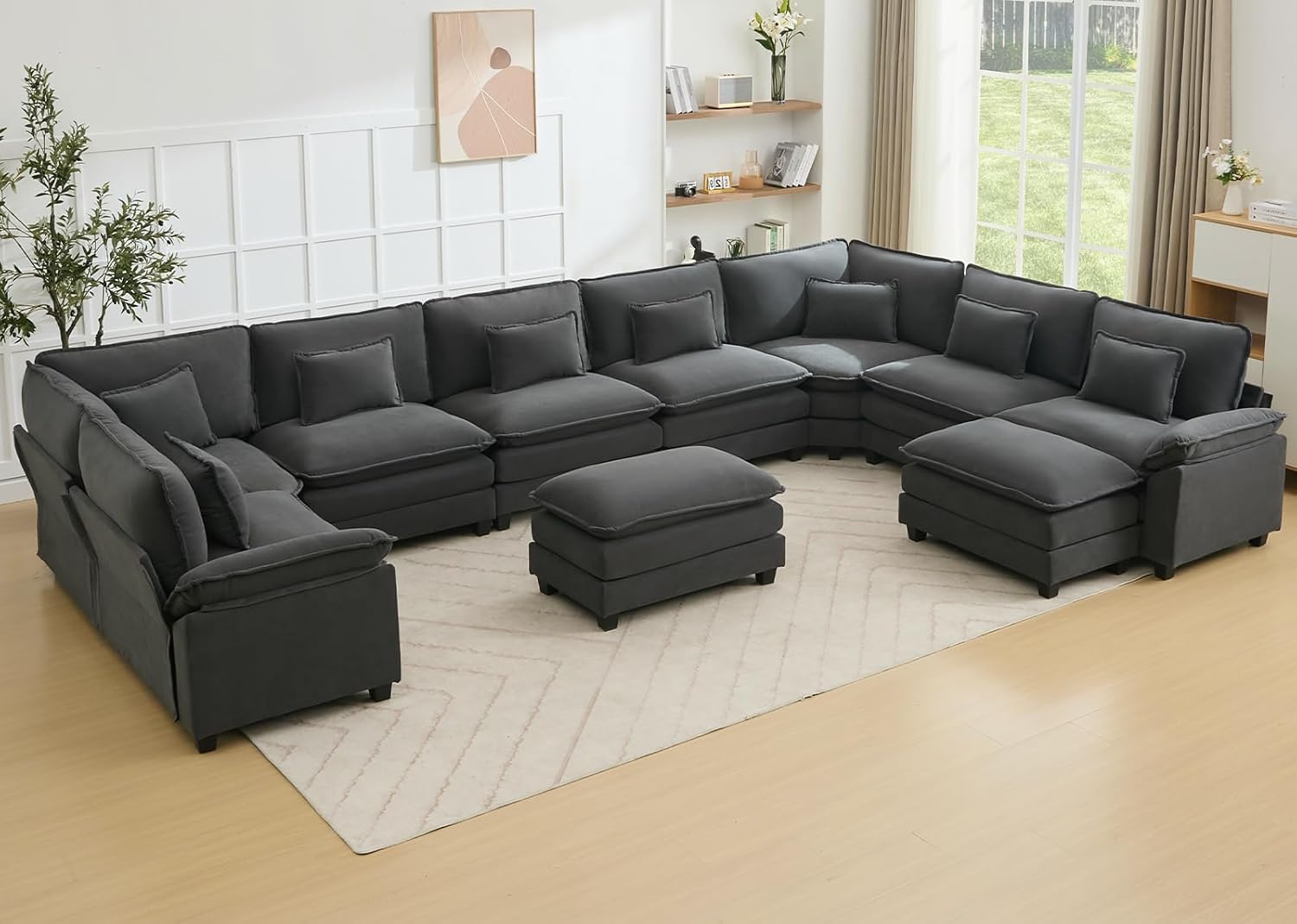 Oversized Modular Sectional Sofa Set, Convertible Deep Seat Cloud Couch with Ottoman, Large U Shaped Corner Couch with Throw Pillows for Living Room (Blue Grey, 10 Seater)