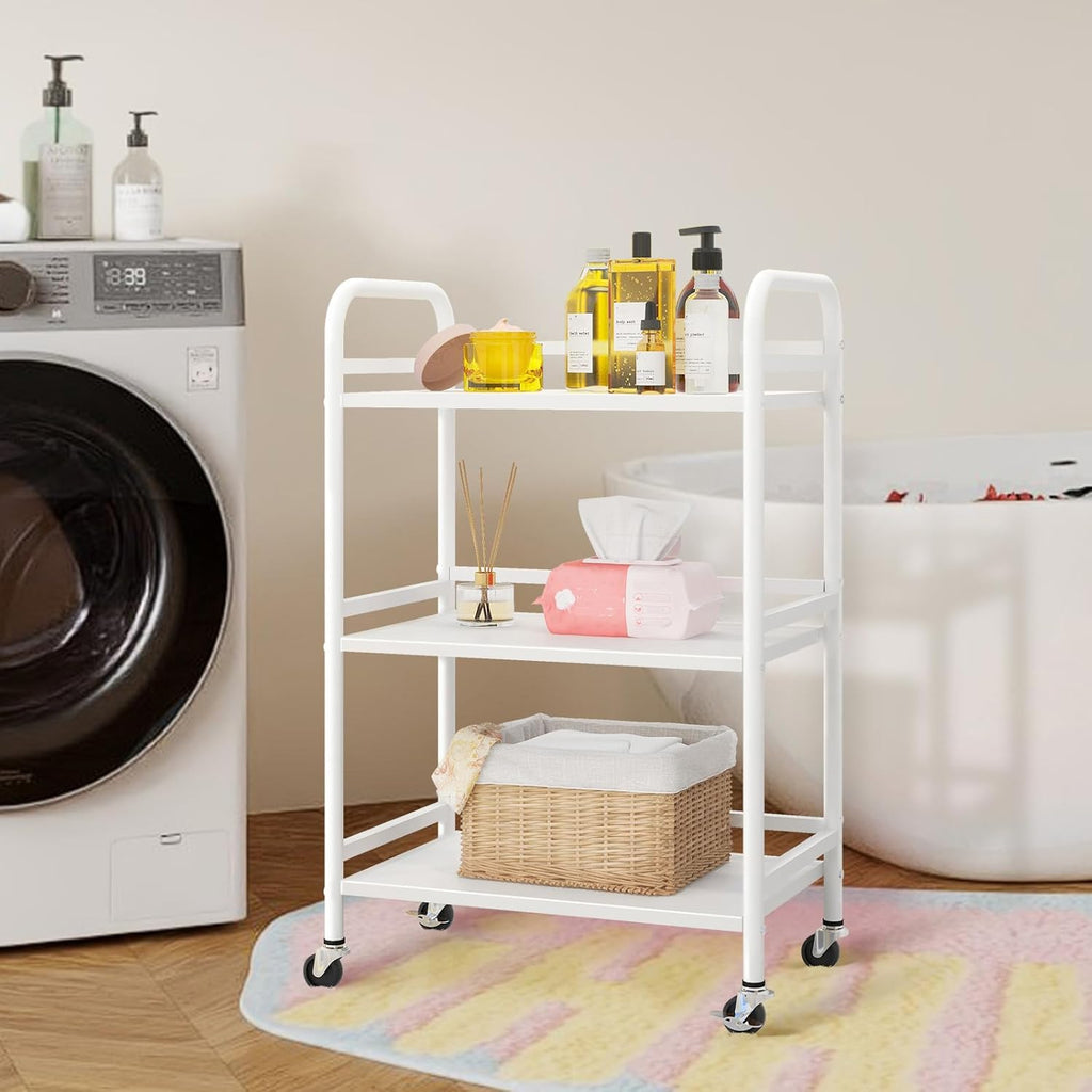 HDANI 3 Tier Rolling Cart Shelves,Heavy Duty Multifunctional Metal Frame-Supports 22 Lbs Per Tier,Rolling Cart with 2 Lockable Wheels for Home, Office,Kitchen,Bathroom,Bedroom,White