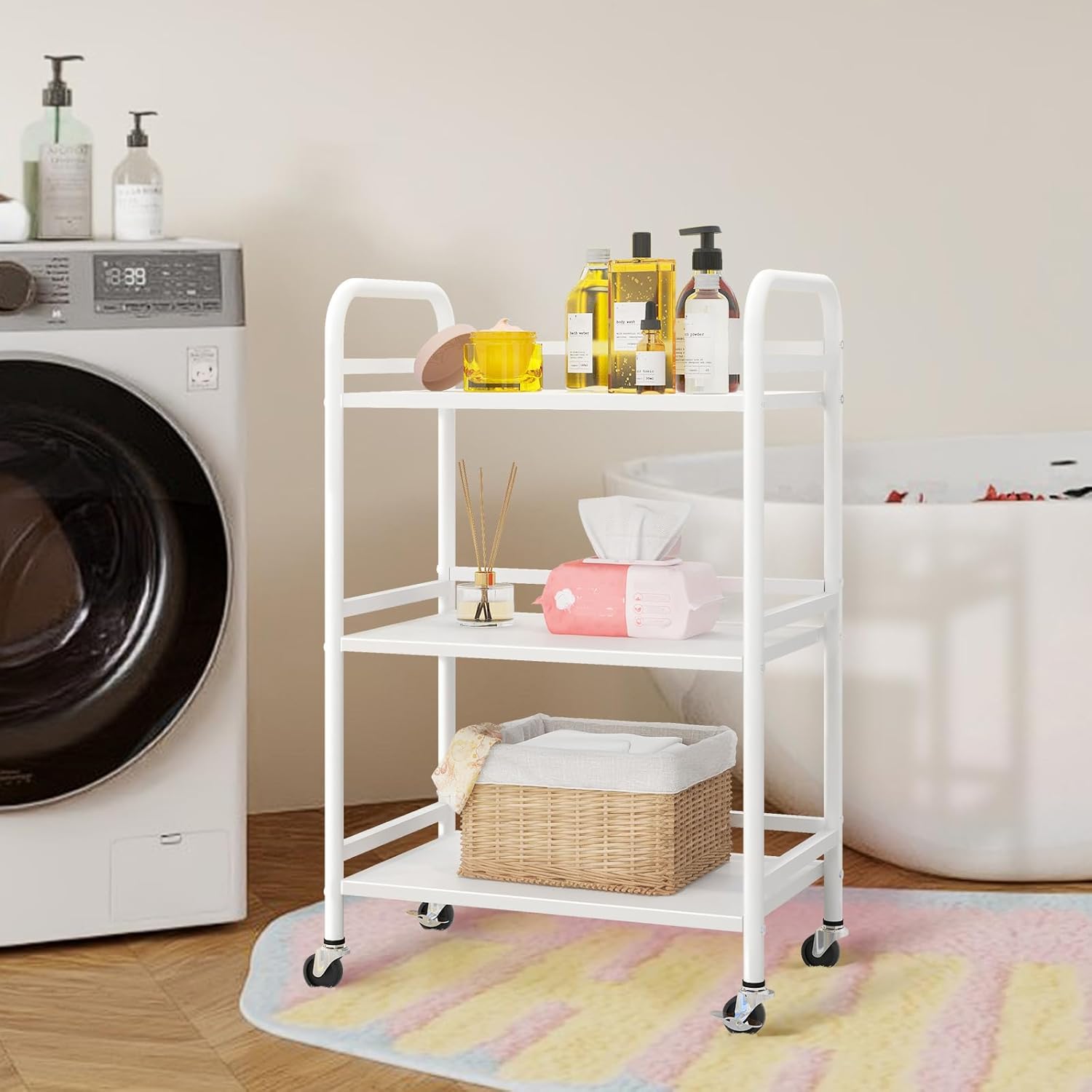 HDANI 3 Tier Rolling Cart Shelves,Heavy Duty Multifunctional Metal Frame-Supports 22 Lbs Per Tier,Rolling Cart with 2 Lockable Wheels for Home, Office,Kitchen,Bathroom,Bedroom,White