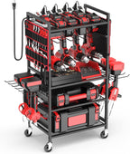 JUNNUJ Garage Large Power Tool Organizer Cart with 10 FT 20A Charing Station, Heavy Duty Drill and Tools Battery Holder Storage Rack, Floor Standing Rolling Tool Cart on Wheels, Red