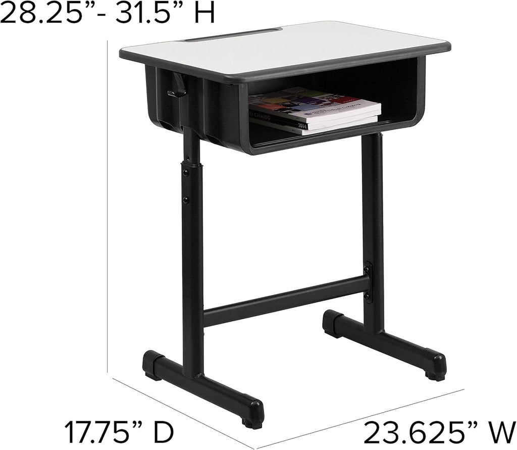 Flash Furniture Billie Open Front Student Desk for Classrooms or Remote Learning, Height Adjust School Desk with Book Box and Bag Hooks, Black/Gray