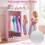 Costzon Kids Dress Up Storage with Mirror, Toddler Wardrobe Closet with Open Hanging Clothing Rack, Cabinet & Shelves, Kids Armoire & Costume Organizer for Bedroom, Kids Room, Playroom (Pink)