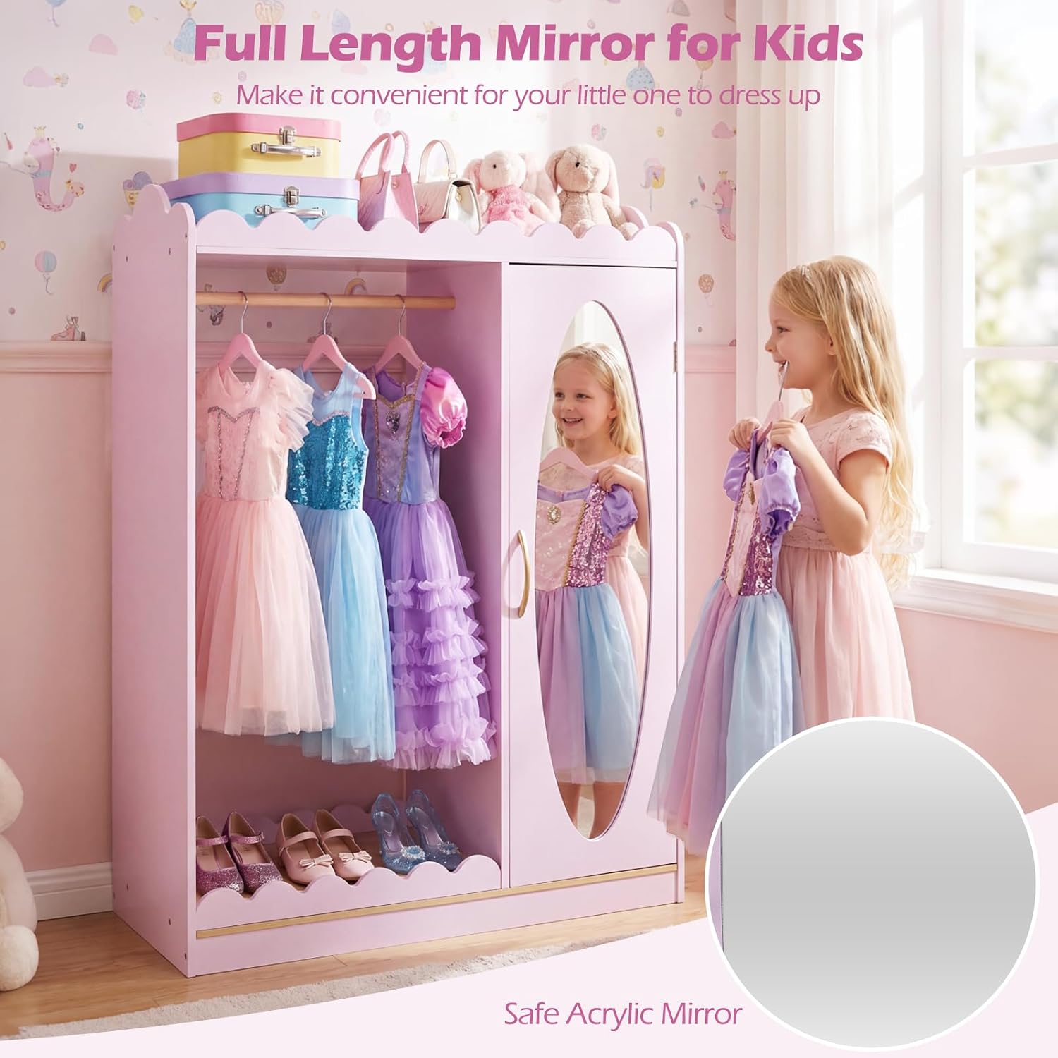 Costzon Kids Dress Up Storage with Mirror, Toddler Wardrobe Closet with Open Hanging Clothing Rack, Cabinet & Shelves, Kids Armoire & Costume Organizer for Bedroom, Kids Room, Playroom (Pink)