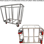 10 Bushel Laundry Cart with Wheels,Heavy Duty Industrial Rolling Commercial Home Beige Large Rolling Storage Laundry Basket, Stainless Steel Laundry Hamper Service Cart,260LBS Load