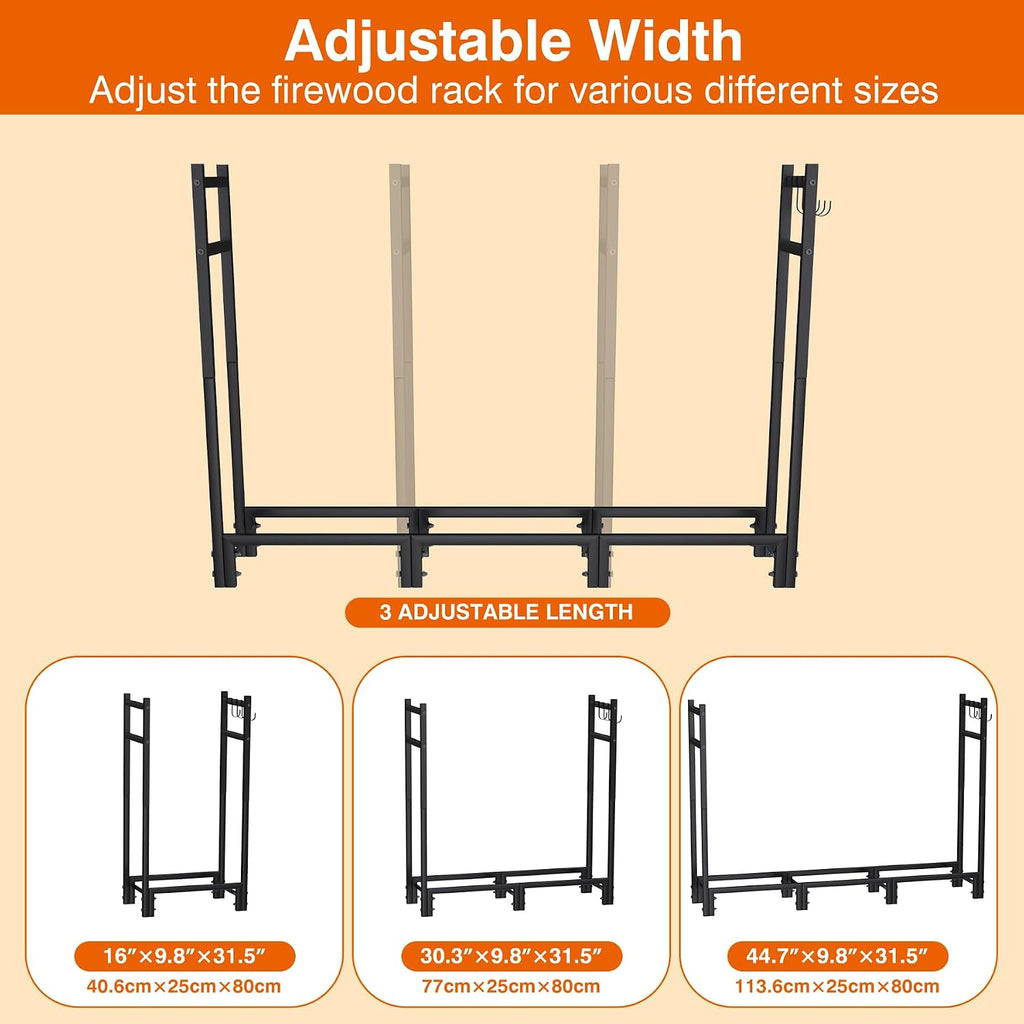 Firewood Rack Outdoor, 44.7" x 9.8" x 31.5", Black | Adjustable Wood Holder, 4 Hooks, Heavy Duty Log Rack, Indoor/Outdoor Firewood Storage