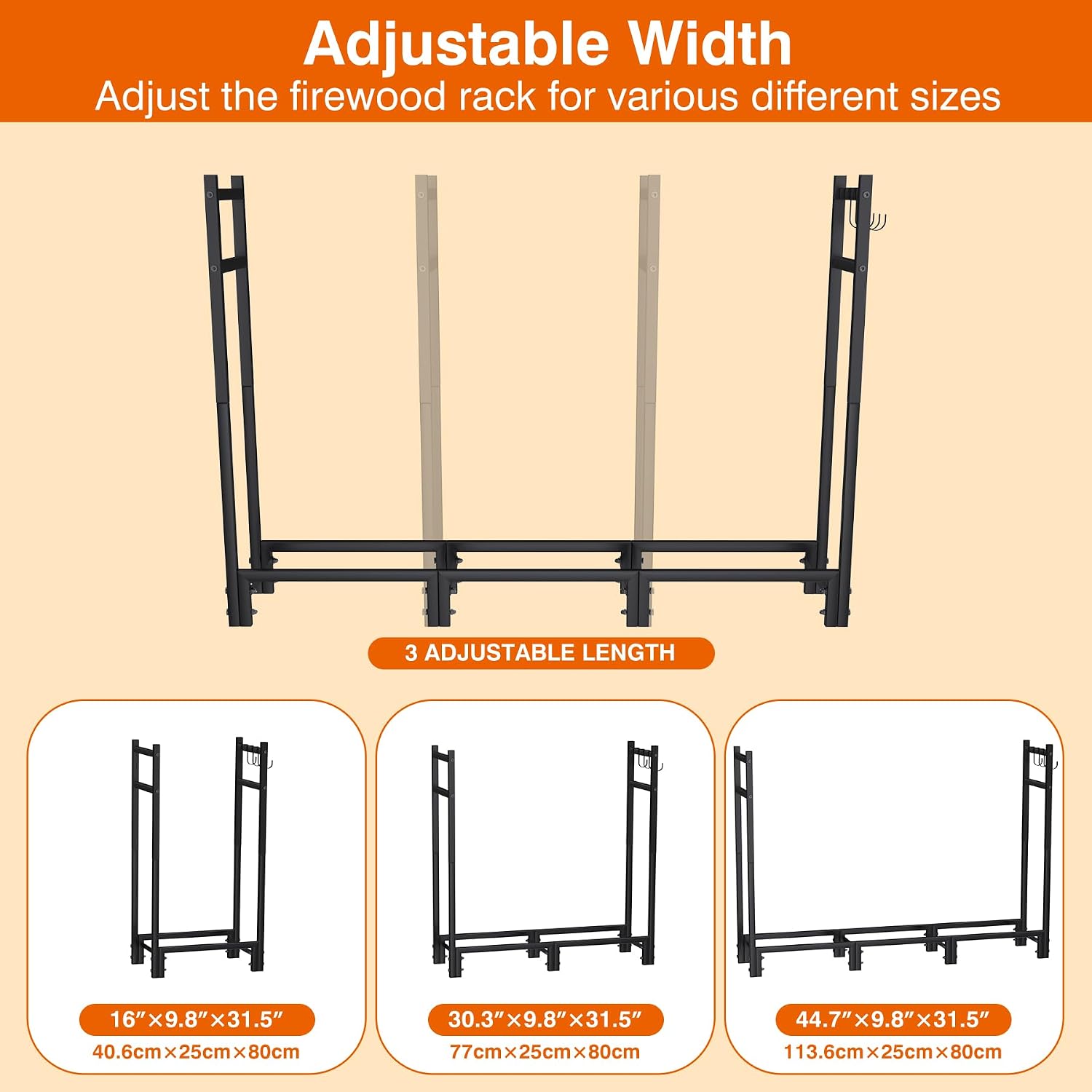 Firewood Rack Outdoor, 44.7" x 9.8" x 31.5", Black | Adjustable Wood Holder, 4 Hooks, Heavy Duty Log Rack, Indoor/Outdoor Firewood Storage