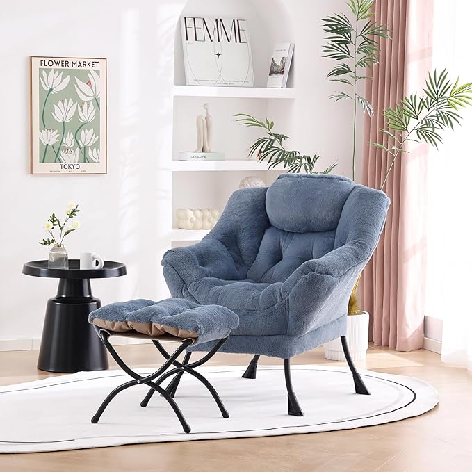 Welnow Lazy Chair with Ottoman, Modern Lounge Accent Chair with Armrests and a Side Pocket, Leisure Sofa Armchair Set, Reading Armchair with Footrest for Small Space, Plush Light Blue