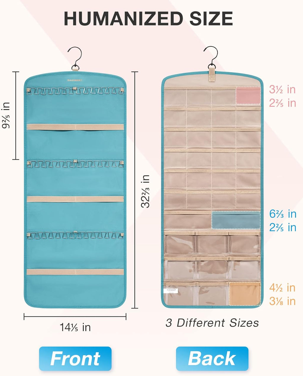 BAGSMART Hanging Jewelry Organizer, Necklace Holder Anti-tangle Earrings Rings Hanger with 20 Jewelry Bags Travel Storage Roll with Pockets Hang on Closet, Wall, Door,1 Piece, Large, Teal