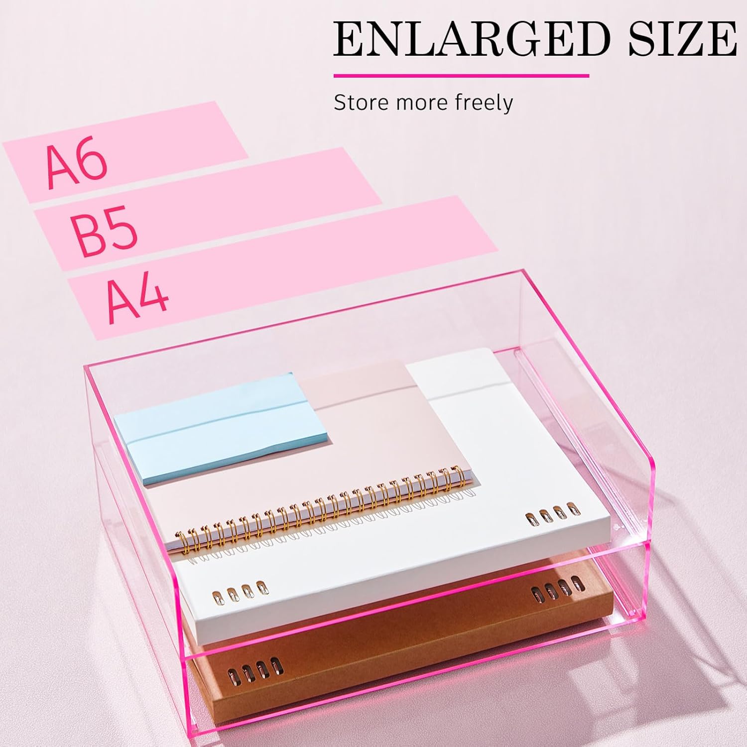 Harloon 4 Tier Acrylic Paper Tray 12.4 x 8.7 x 2.7 Inches Stackable Letter Clear Organizer No Need to Assemble Acrylic Paper Organizer File Tray for Office Workspace Desktop Storage(Transparent Pink)